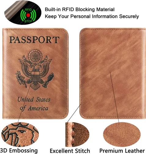 Vista 5 de Portatarjetas de pasaporte y vacuna combinada, funda tipo cartera, cartera de viaje de cuero con bloqueo RFID para hombres y mujeres, Marrón