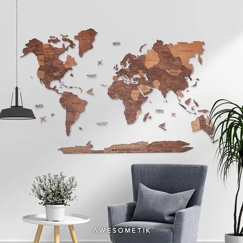Vista 5 de AWESOMETIK Mapa del mundo de madera 3D de roble, mapa del mundo 3D, fácil instalación con cinta de doble cara, incluye complementos, madera