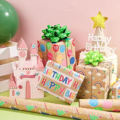 Vista 5 de RUSPEPA Rollos de papel kraft para envolver regalos - Diseño de arcoíris de cumpleaños colorido, total de 4 rollos (30 pulgadas x 10 pies, 4 rollos)