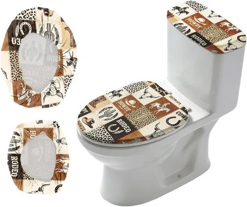 Vista 16 de Juego de 2 fundas de tapa de inodoro de grano de madera y cubierta de tanque, juego de fundas elásticas rústicas para asiento de inodoro