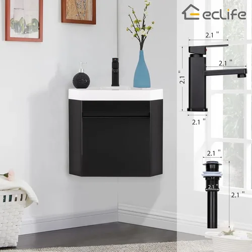Vista 7 de eclife Combo de lavabo de baño esquinero de 22 pulgadas para espacio pequeño, armario flotante montado en la pared con fregadero de resina blanca
