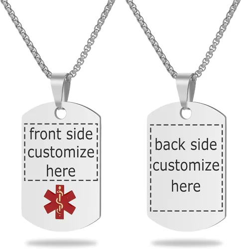 Vista 56 de Collar de alerta médica, etiqueta grabada con láser, grabado personalizado, etiqueta de identificación de acero inoxidable, colgante para hombres