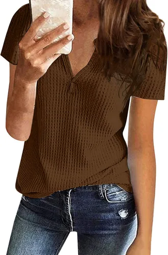 Vista 2 de DASAYO Camiseta de manga corta con cuello en V para mujer, estilo casual, holgada, para verano, ropa de moda