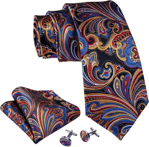 Vista 179 de Barry.Wang - Juego de corbata de seda para hombre, diseño de cachemira, pañuelo y gemelos de bolsillo