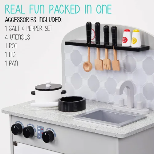 Vista 5 de Lil' Jumbl Estación de Juego de Cocina de Simulación para Niños, Juguete de Cocina de Madera, Configuración Realista, Incluye Olla y Sartén, 4