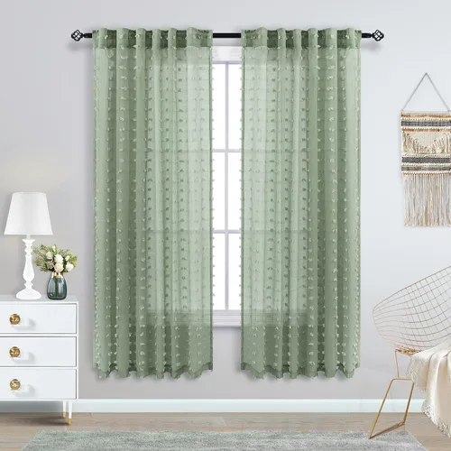 Vista 24 de Cortinas negras KOUFALL de 45 pulgadas de largo para ventana de cocina, cortinas transparentes con pompones y textura de encaje bohemio con bolsillo