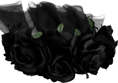 Vista 7 de HAOZAIKEJI Halloween Fantasma Novia Velo Floral Corona Tocado Muerto Zombie Headwear Bruja Negro Encaje Corona Fiesta Fantasía