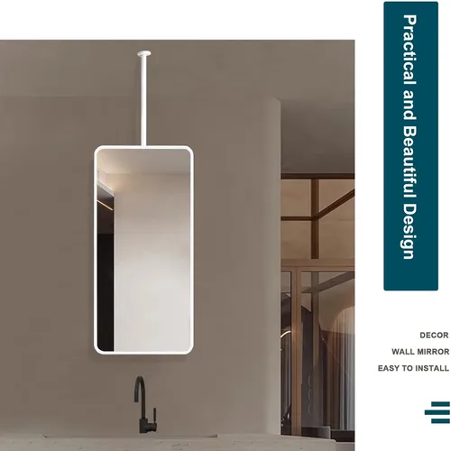 Vista 6 de Espejo de techo blanco con barra para colgar en el techo, espejos de baño para tocador, moderno espejo de pared rectangular de esquina redonda