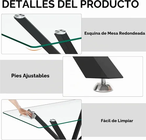 Vista 6 de Juego de comedor moderno de cristal de lujo de 5 piezas, juego de comedor rectangular minimalista para 4, juego de mesa de cocina de vidrio