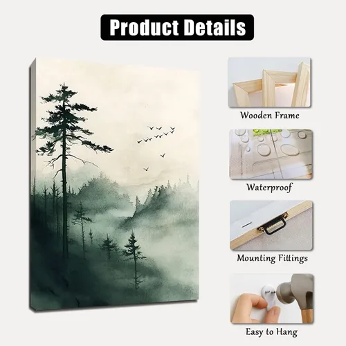 Vista 5 de Sutanun Lienzo de paisaje abstracto japonés para pared, impresión de bosque brumoso verde de tres paneles con pájaros y árboles, arte minimalista