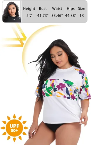 Vista 3 de Halcurt Camiseta de natación para mujer, talla grande, manga corta, protección UPF 50