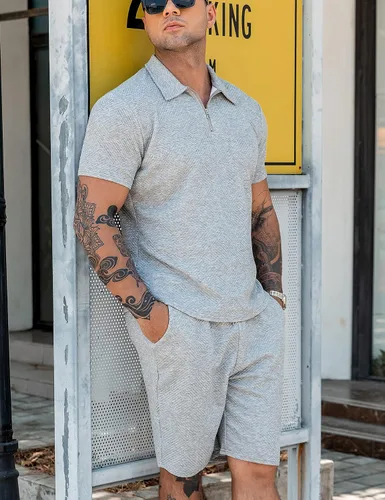 Vista 7 de URRU Conjunto de camisa polo y pantalones cortos para hombre, trajes de verano a la moda, casual, de manga corta, traje de polo para hombre