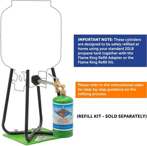 Vista 7 de Flame King – Cilindro de propano recargable de 1 lb (16.4 oz) vacío, opción de recarga reutilizable, segura y legal, cumple con DOT, para acampar