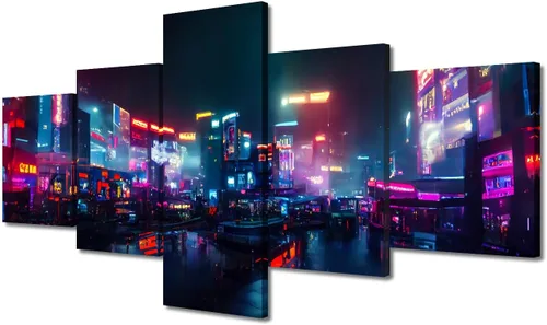 Vista 82 de Póster de 5 paneles en lienzo para decoración de pared, diseño de centro urbano Cyberpunk, impresión moderna, decoración de pared para el hogar