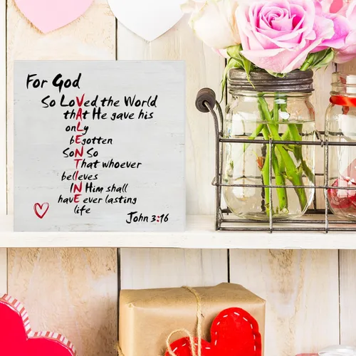 Vista 6 de Decoración Cristiana para el Día de San Valentín, Letrero de Madera con Versículo Bíblico Juan 3:16 Rústico para Hogar, Mesa, Estanteria, Dios
