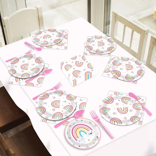 Vista 6 de 96 platos de fiesta de arco iris, servilletas para fiestas temáticas de arco iris, platos de papel desechables, servilletas de papel desechables