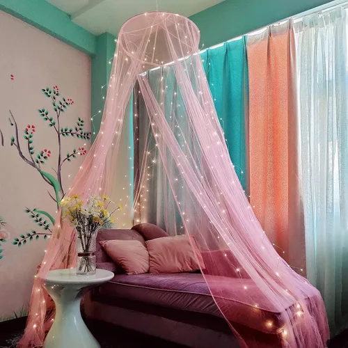 Vista 10 de Dosel de cama Eimilaly con mosquitera y 250 piezas de luces de cortina blancas cálidas, dosel de cama para decoración de habitación de niñas o Luces
