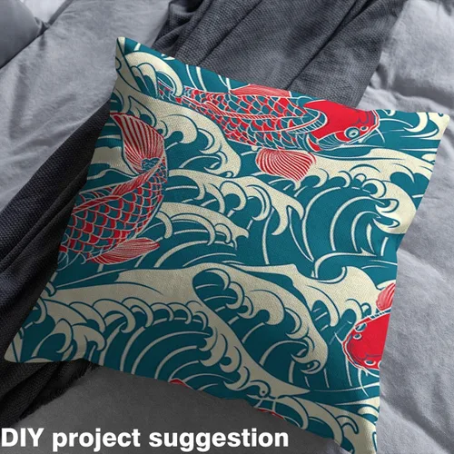Vista 4 de Koi Fish - Tela de tapicería de The Yard, tela decorativa japonesa exótica Hokusai con olas del océano para tapicería y proyectos de bricolaje