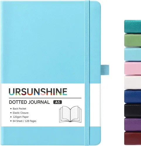 Vista 40 de Cuaderno punteado, diario, 5.3 x 8.26 pulgadas, tapa dura, prémium, papel grueso, doble espiral, bandas, cuero negro sintético, lazo para bolígrafo