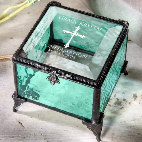 Vista 7 de J Devlin - Caja de cristal de confirmación personalizada, color azul