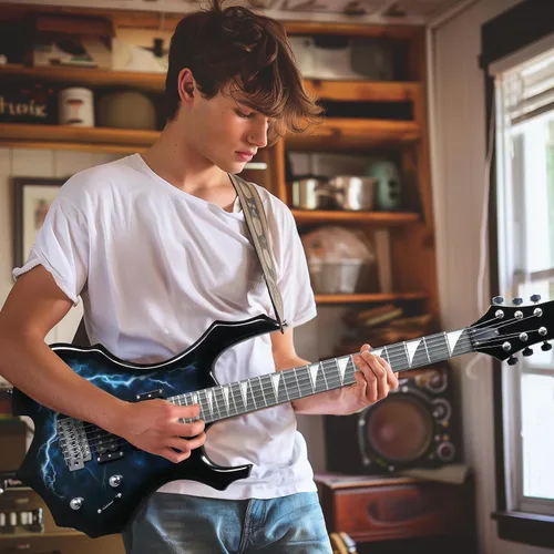 Vista 7 de Kit de guitarra eléctrica Ktaxon con diseño Burning Fire, guitarra eléctrica de 39 pulgadas HSH para principiantes con amplificador, diapasón