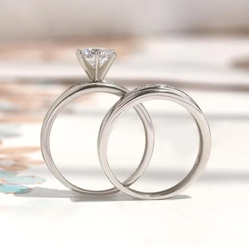Vista 5 de Juego de anillos de boda solitarios de plata de ley con circonita blanca de 0.236 in (talla 5 a 10)