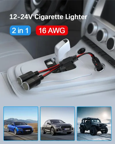 Vista 6 de Adaptador divisor de encendedor de cigarrillos para automóvil, 2 enchufes, cable de extensión de salida múltiple de 12 V-24 V, doble enchufe hembra