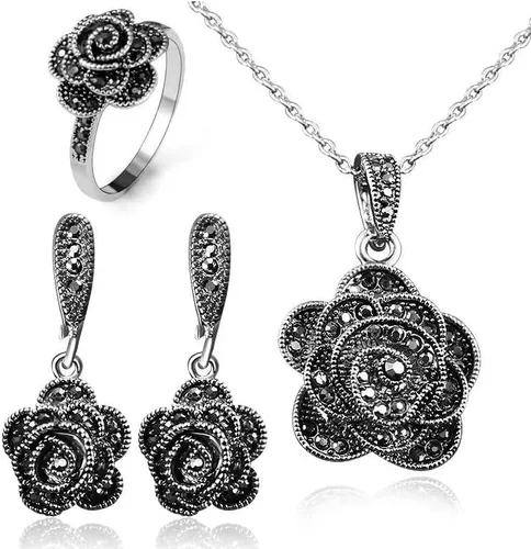 Vista 8 de Anillo de declaración de flores de diamantes de imitación negro vintage para mujer