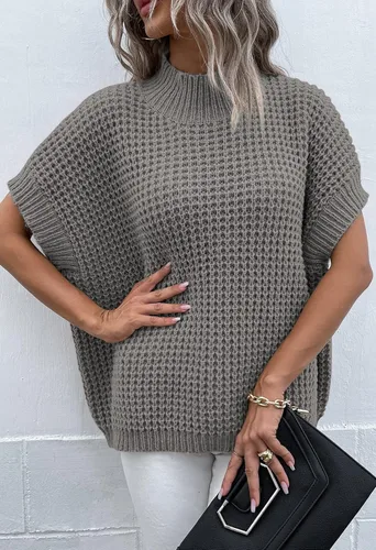 Vista 3 de Viottiset Suéter de manga corta de murciélago para mujer, cuello alto falso, suéter de punto sin mangas para otoño
