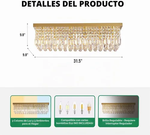 Vista 5 de Candelabros Modernos de Cristal para Lámpara de Comedor, Candelabro de Techo Rectangular Dorado de 6 Luces para Isla de Cocina y Sala de Estar