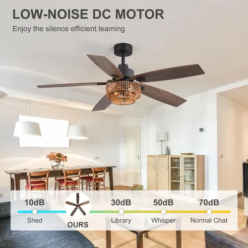 Vista 4 de 52" Farmhouse Ceiling Fans with Lights, Black Ceiling Fan with 6 Wind Speed Remote Control, Dual Finish 5 Blades, Reversible DC Motor, Rattan Caged
