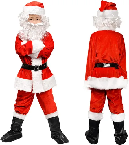 Vista 3 de Disfraz de Papá Noel para niños, disfraz de Papá Noel para niños, traje de Navidad para niños, 9 piezas, traje de Navidad para niños