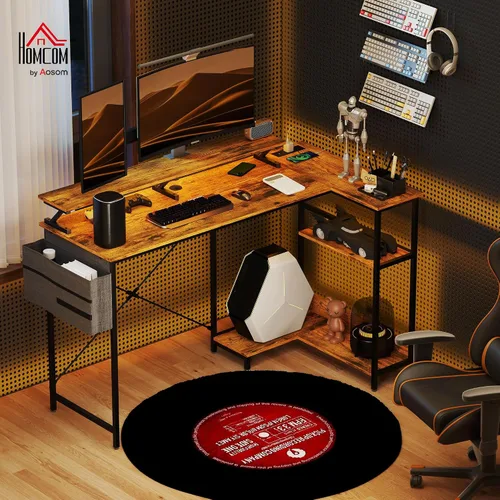 Vista 2 de HOMCOM Escritorio para juegos en forma de L de 58 pulgadas con tomas de corriente y luces LED, escritorio reversible para computadora con soporte