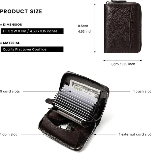 Vista 3 de Cartera de cuero genuino con bloqueo RFID, billetera con cremallera de lujo para mujeres con monedero, Color café, Classic