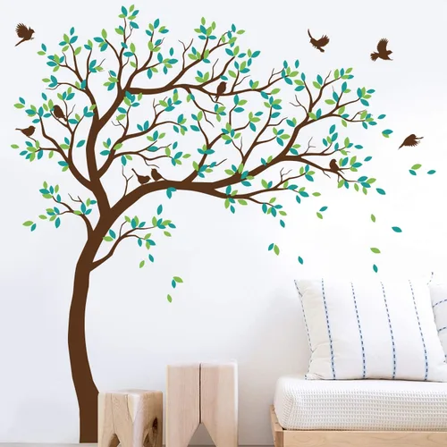 Vista 8 de Calcomanías de pared para árbol grande, calcomanías de árbol inclinado con pájaros, mural de vinilo decorativo KW032