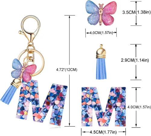 Vista 3 de OKAICEN Llavero de letra inicial del alfabeto de moda, borla y mariposa, llavero para bolso, bolsos de mano para mujeres y niñas