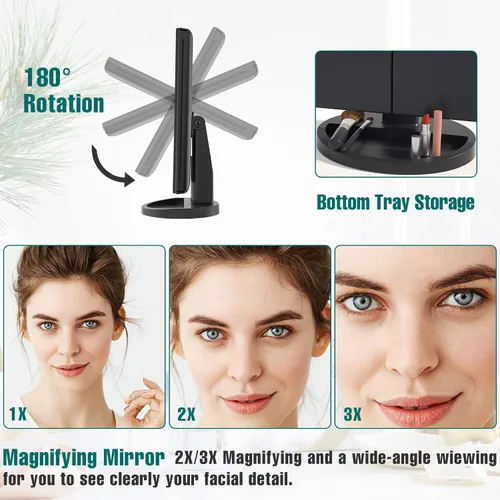 Vista 3 de FASCINATE Espejo de maquillaje iluminado, 21 luces LED brillantes, espejo de tocador tríptico LED con aumento 3x/2x/1x, control táctil de brillo