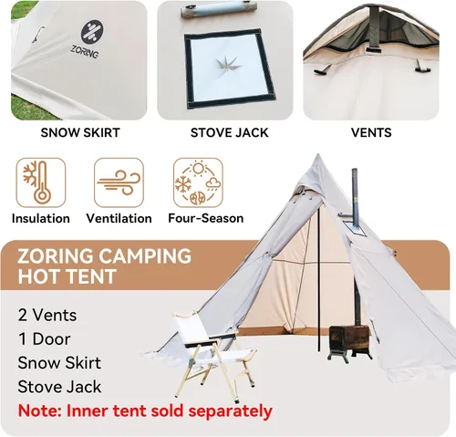 Vista 3 de Hot Tent with Stove Jack, 4 Season 3-4 Person Tipi Tent for Camping, 8.2ft Standing Room with Snow Skirt, Cold Weather Shelter for Family Fishing