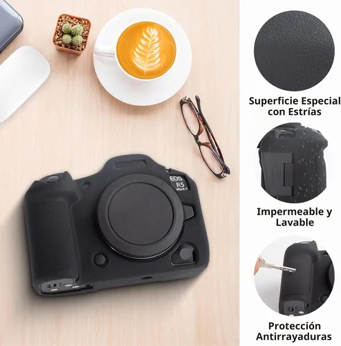 Vista 6 de MUZIRI KINOKOO Funda de silicona compatible con cámara digital Canon EOS R5 Mark II, goma blanda EOS R5 Mark II/EOS R5 II, funda protectora con Negro