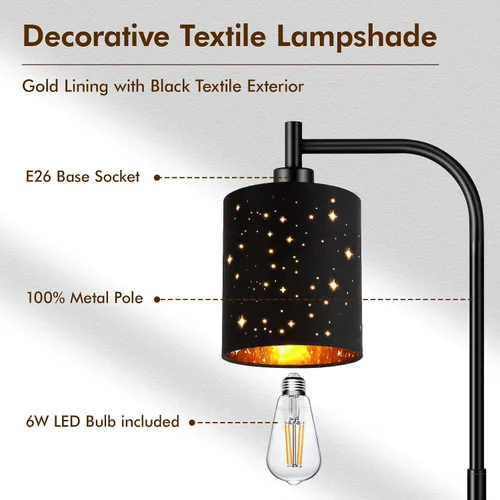 Vista 4 de Lámpara de pie industrial gótica con pantalla cortada láser estrellada, lámpara de pie de metal negro de 67 pulgadas con bombilla LED de 6 W