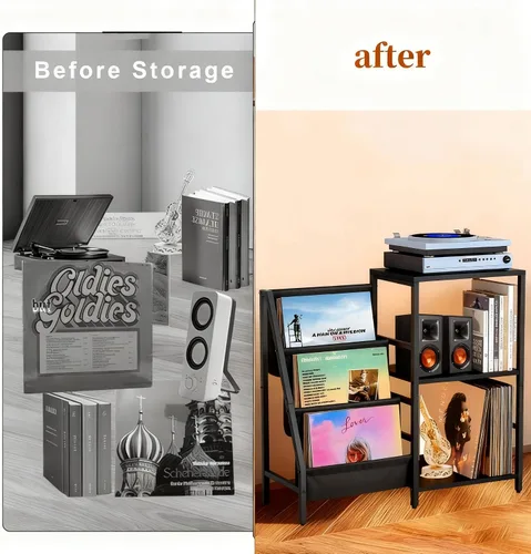 Vista 5 de Soporte para tocadiscos, soporte para tocadiscos con almacenamiento de discos de vinilo, soportes para tocadiscos, mesa auxiliar marrón para sala