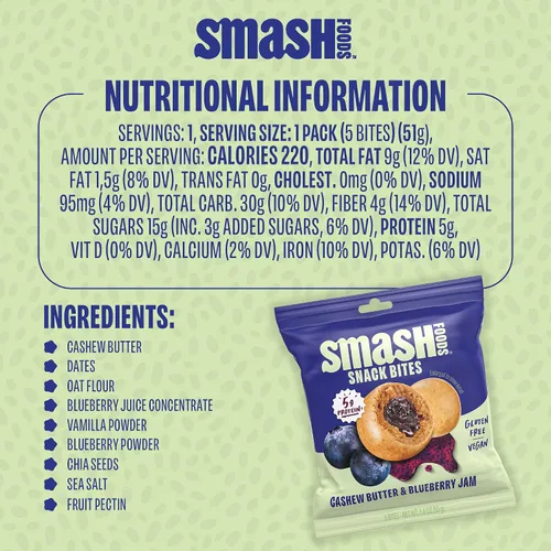 Vista 5 de Smash Foods Bocaditos de arándanos y mantequilla de anacardo sin gluten, bolas de proteína vegana, hechas con superalimentos de mermelada y semillas