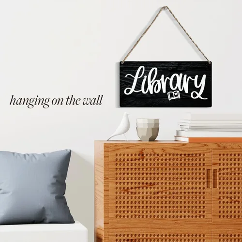 Vista 3 de Letrero retro de la biblioteca de madera, arte de pared para el hogar, casa de campo, decoración colgante rústica divertida para amante