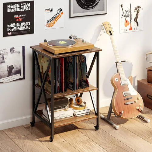 Vista 2 de Giantex Soporte para tocadiscos con estación de carga, soporte para tocadiscos con almacenamiento de discos y 4 ruedas rodantes, mesa