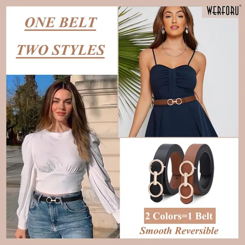 Vista 2 de Cinturón de cuero reversible para mujer, cinturón de cuero con anillo tórico dos en uno para vestido de jeans