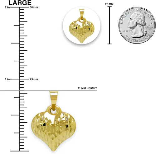Vista 5 de Charm America - Dije de corazón inflado de oro - Oro de 14/10 quilates - Colgante de corte diamante pulido - Joyas 3D - Ideal para regalos