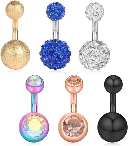 Vista 17 de Ruifan 14G 0.236 in 1/4 pulgadas 316L Acero quirúrgico cristal ferido CZ corto ombligo aretes de ombligo anillos de botón 4-6 piezas