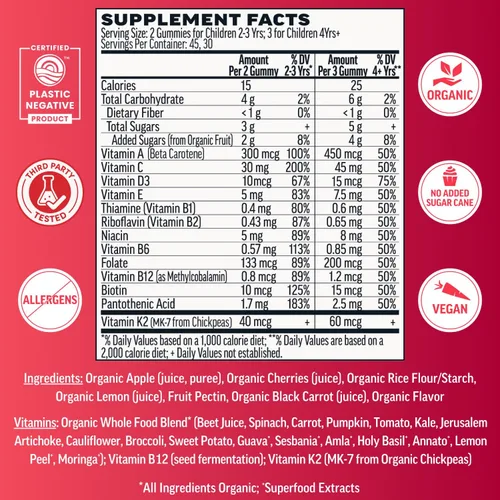 Vista 4 de Llama Naturals - Vitaminas en gomitas de fruta real para niños, sin caña de azúcar añadida, betacarotenos, multivitamínico de alimentos integrales