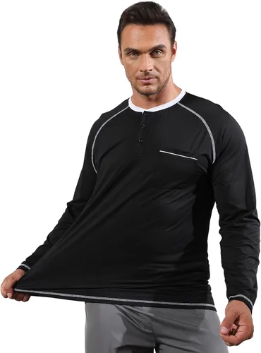 Vista 4 de Lexiart Camisas Henley de moda para hombre, estilo casual, de algodón, manga raglán larga, térmica, con bolsillo