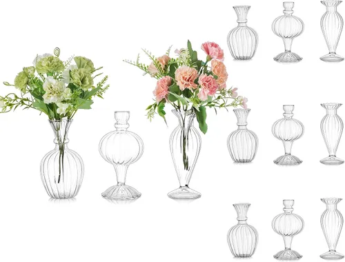 Vista 10 de Jarrones pequeños de cristal Glasseam: 3 piezas de jarrón transparente acanalado para flores individuales Hecho a mano, moderno, bonitos centros